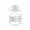 Panacea-2-Floorplan_1500px_72dpi-1.png Line-drawing diagram showing front and plan views of an octagonal two-person tent with a central pole, internal divider and two sleeping mats, labelled dimensions: overall floor width 220 cm, central sleeping width 120 cm with 70 cm side areas, and peak height 98 cm (front view shows 120 cm entrance width).