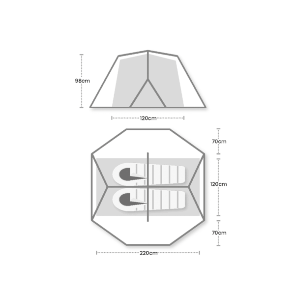 Panacea-2-Floorplan_1500px_72dpi-1.png Line-drawing diagram showing front and plan views of an octagonal two-person tent with a central pole, internal divider and two sleeping mats, labelled dimensions: overall floor width 220 cm, central sleeping width 120 cm with 70 cm side areas, and peak height 98 cm (front view shows 120 cm entrance width).