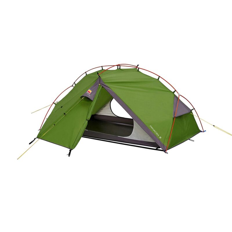 Two-person dome tent in green with orange crossed poles, partially open triangular front door revealing a grey inner mesh and black groundsheet, with yellow guy lines staked out