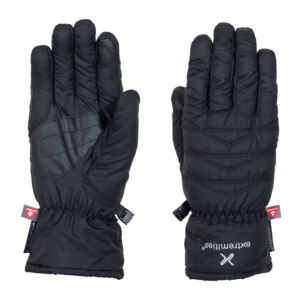 Paradox-Glove-Back-and-Palm-1500x1500-1-3.png Pair of black insulated winter gloves shown side-by-side, left glove palm-up featuring a textured grip patch and elasticated wrist with buckle, right glove back-up displaying quilted stitching and a small brand logo near the cuff.