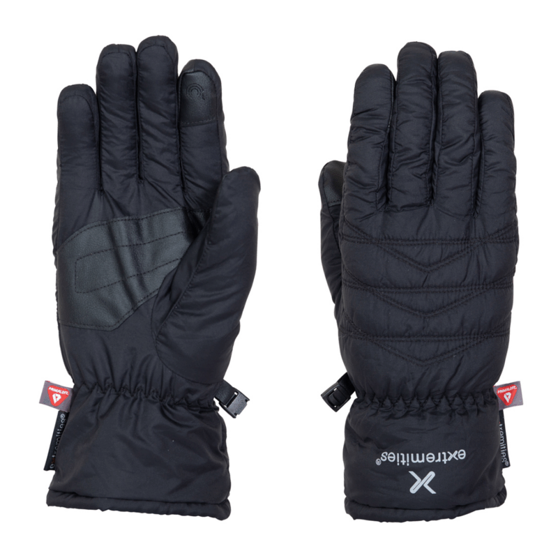 Paradox-Glove-Back-and-Palm-1500x1500-1-3.png Pair of black insulated winter gloves shown side-by-side, left glove palm-up featuring a textured grip patch and elasticated wrist with buckle, right glove back-up displaying quilted stitching and a small brand logo near the cuff.