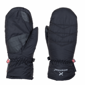 Paradox-Mitts-Back-and-palm-3.png Black insulated winter mittens shown flat side-by-side, one displaying a leather-reinforced palm and thumb and the other showing quilted back stitching, elasticated wrist cuffs and a small brand logo on the cuff.