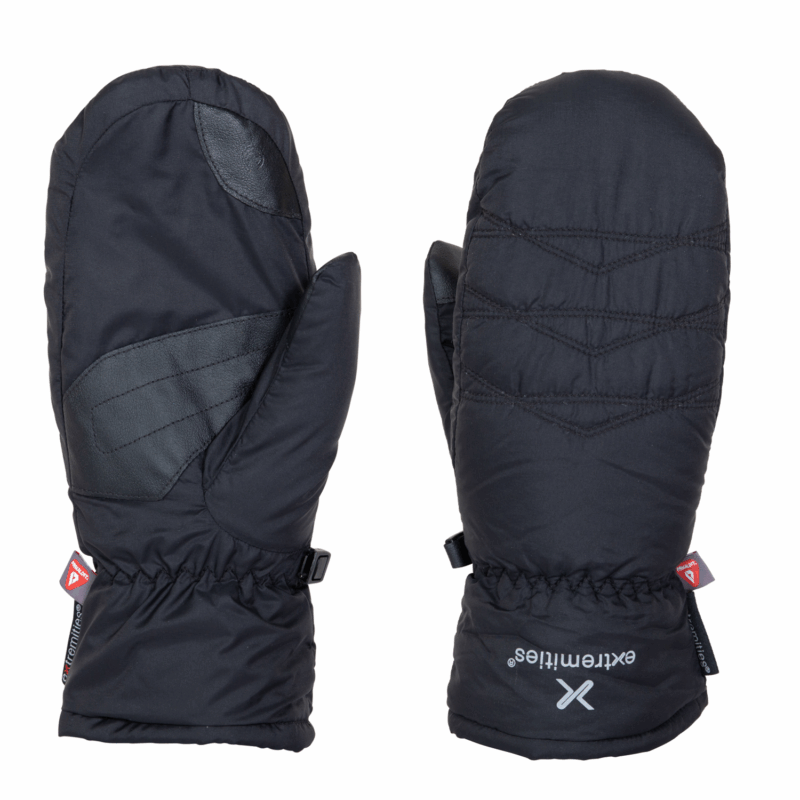 Paradox-Mitts-Back-and-palm-3.png Black insulated winter mittens shown flat side-by-side, one displaying a leather-reinforced palm and thumb and the other showing quilted back stitching, elasticated wrist cuffs and a small brand logo on the cuff.
