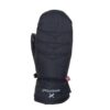 Black insulated mitten with chevron quilted stitching, elasticated wrist, white "extremities" logo and small red tag, photographed on a white background.