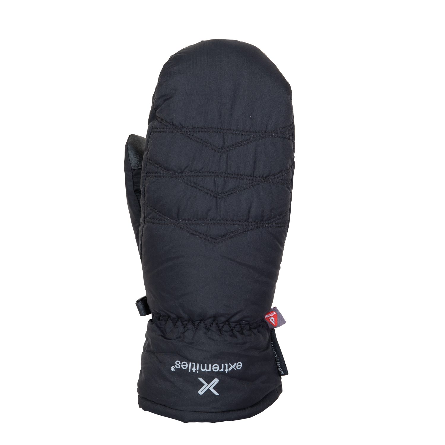 Black insulated mitten with chevron quilted stitching, elasticated wrist, white "extremities" logo and small red tag, photographed on a white background.