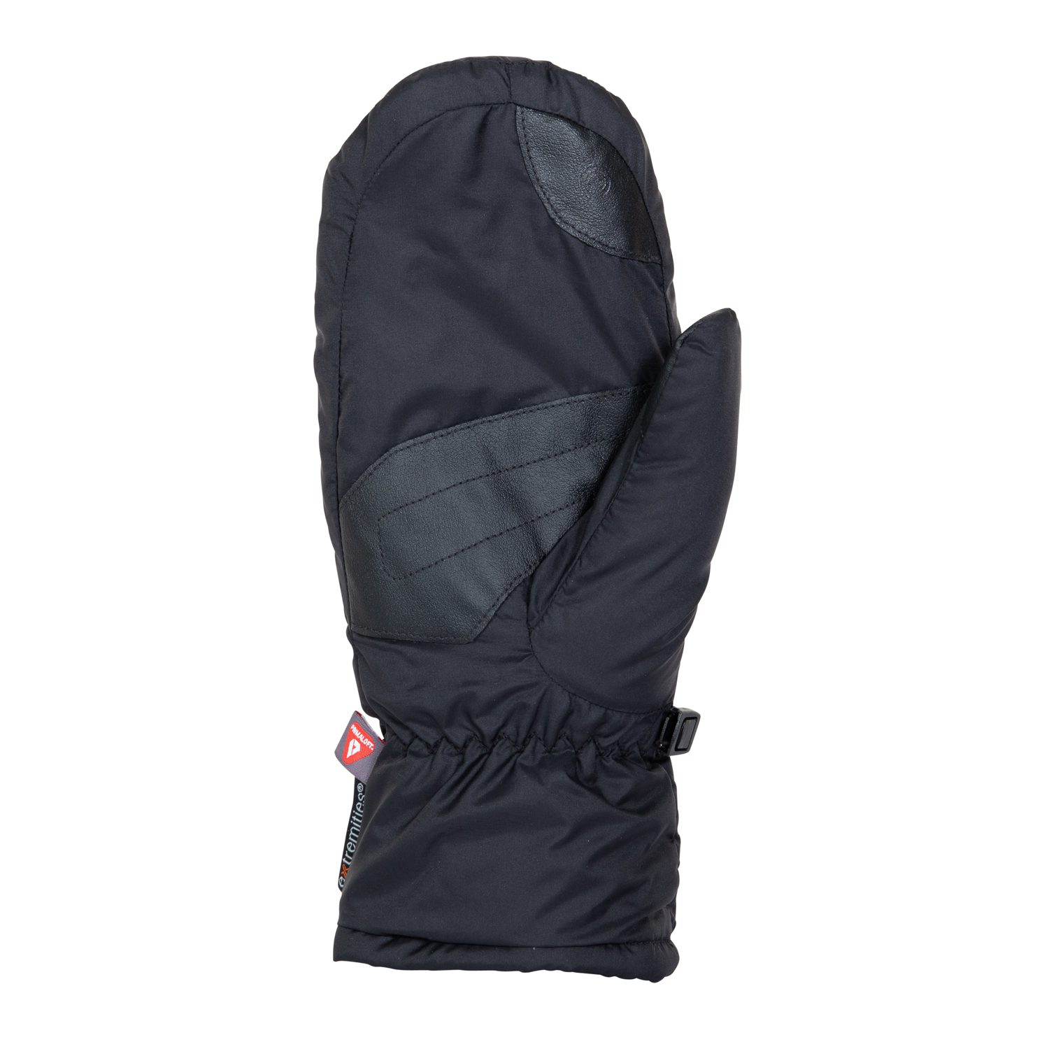 Single black insulated winter mitten with textured leather palm and thumb patches, elasticated wrist, short gauntlet cuff and small red fabric tag, shown on a white background.