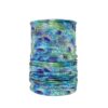 Blue-green tubular neck gaiter with an all-over peacock feather eye pattern, shown scrunched at the bottom against a plain white background