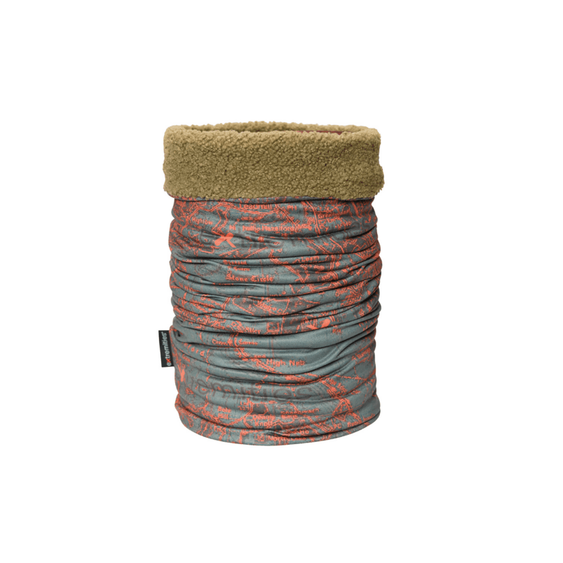 Tubular neck gaiter with an olive-green sherpa fleece cuff and a ruched blue-grey fabric body printed with orange map-like lines and a small black brand tag.