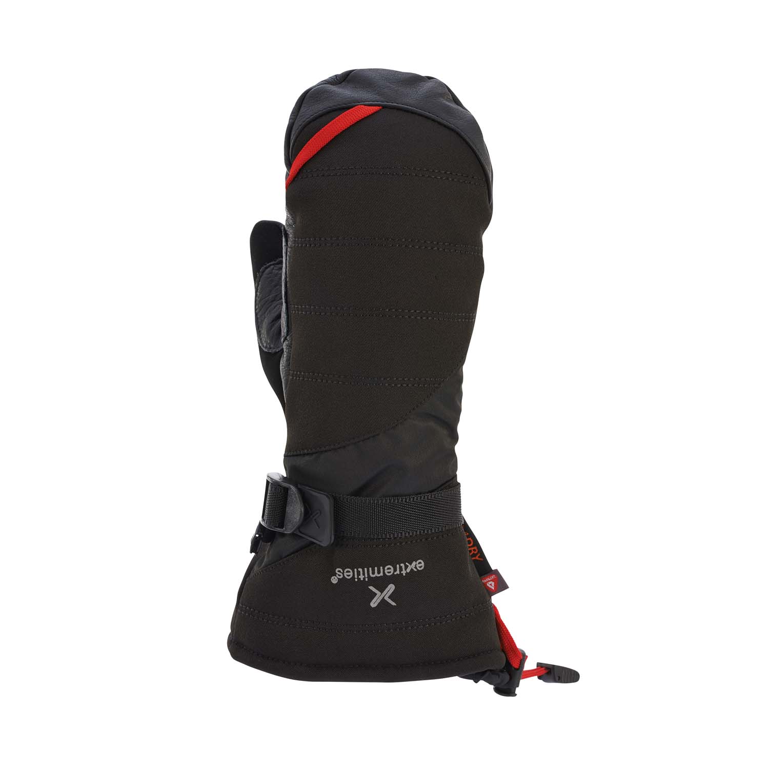 Pinnicle-MittTerra-Nova-21-09-1611986-1.jpg Black insulated winter mitten with padded quilting, adjustable wrist strap and red accent tab, shown on a white background