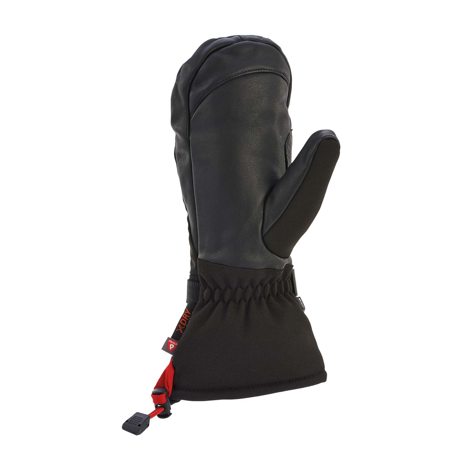 Pinnicle-MittTerra-Nova-21-09-1611990-1.jpg Black insulated winter mitten with smooth leather palm, elasticated wrist and extended gauntlet cuff with a red pull strap and plastic clip