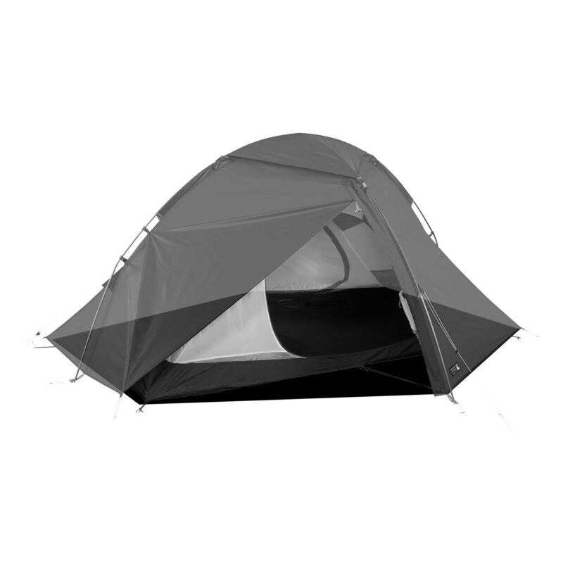Pioneer-2-1500x1500-1-3.jpg Freestanding two-person dome tent with grey rainfly partially rolled back to reveal a white inner mesh door and black bathtub floor, supported by external poles and guy lines.