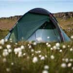 Green dome tent with a partially open door pitched in a grassy meadow scattered with white cotton-like flowers, yellow guy lines visible and a low rocky cliff ridge in the background.