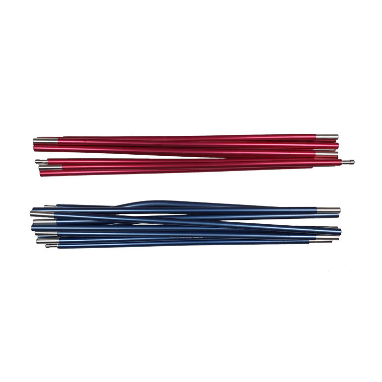 Two sets of collapsed aluminium tent poles, one red and one blue, laid horizontally on a white background showing silver connector tips and telescopic segments