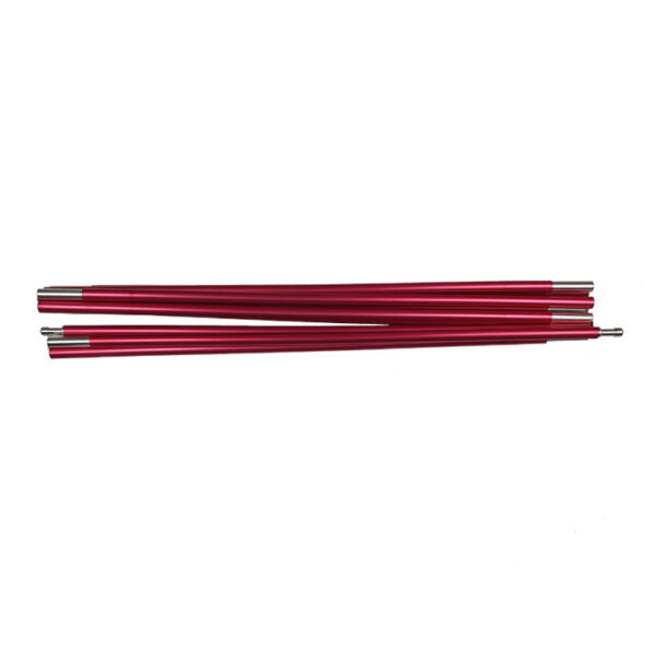 Several red anodised aluminium tent pole sections with silver connector ferrules, arranged parallel on a white background.