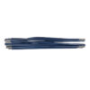 Stacked collapsed blue aluminium tent poles with silver end ferrules laid horizontally on a white background.
