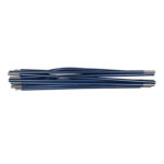 Stacked collapsed blue aluminium tent poles with silver end ferrules laid horizontally on a white background.