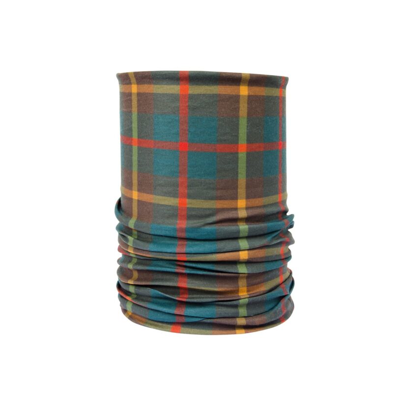 Plaid-Tube-1500x1500-1-1.jpg Cylindrical neck gaiter with a multicoloured plaid pattern of teal, brown, red, yellow and green, shown upright with soft folds against a white background