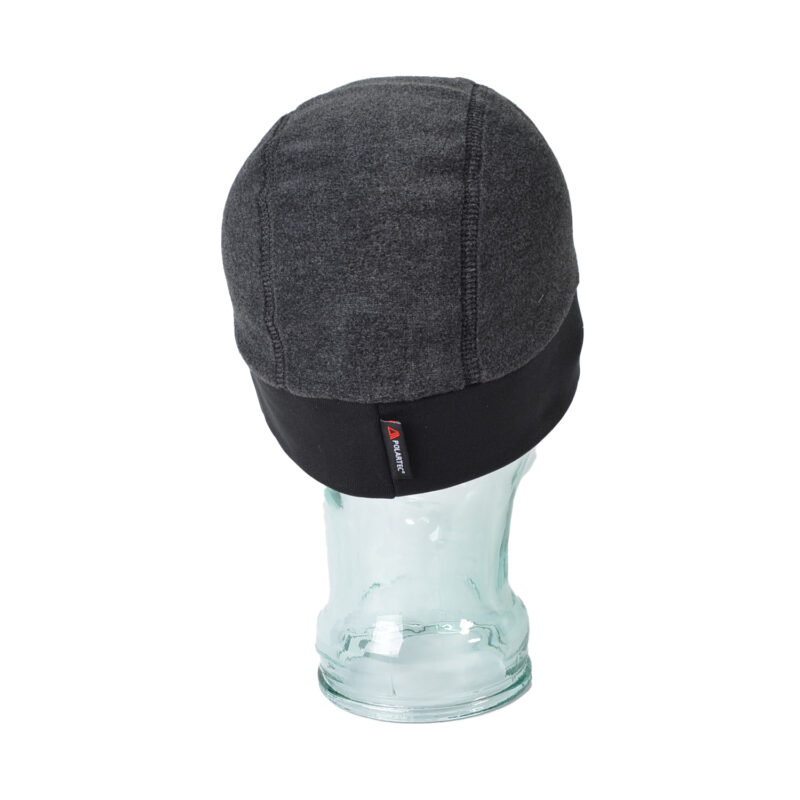 Powerfleeece-Polartec-Banded-Beanie-Back-Grey-1500x1500-72dpi-1.jpg Rear view of a dark grey fleece beanie with a black cuff and small red-triangle fabric tag displayed on a transparent glass mannequin head against a white background