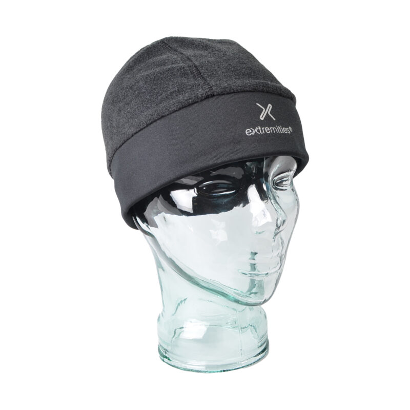 Powerfleeece-Polartec-Banded-Beanie-Right-Grey-1500x1500-72dpi-1.jpg Two-tone dark grey fleece beanie with a folded cuff and 'extremities' logo displayed on a clear glass mannequin head against a white background.
