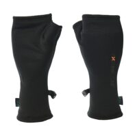 Pair of black fingerless neoprene gauntlet gloves with separate thumb openings and long cuffs, each bearing a small brand tag and plastic clip, photographed on a white background.