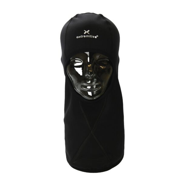 Black full-coverage balaclava with a white "extremities" logo on the forehead, fitted over a glossy black mannequin head and extending down to cover the neck while leaving the face opening exposed.