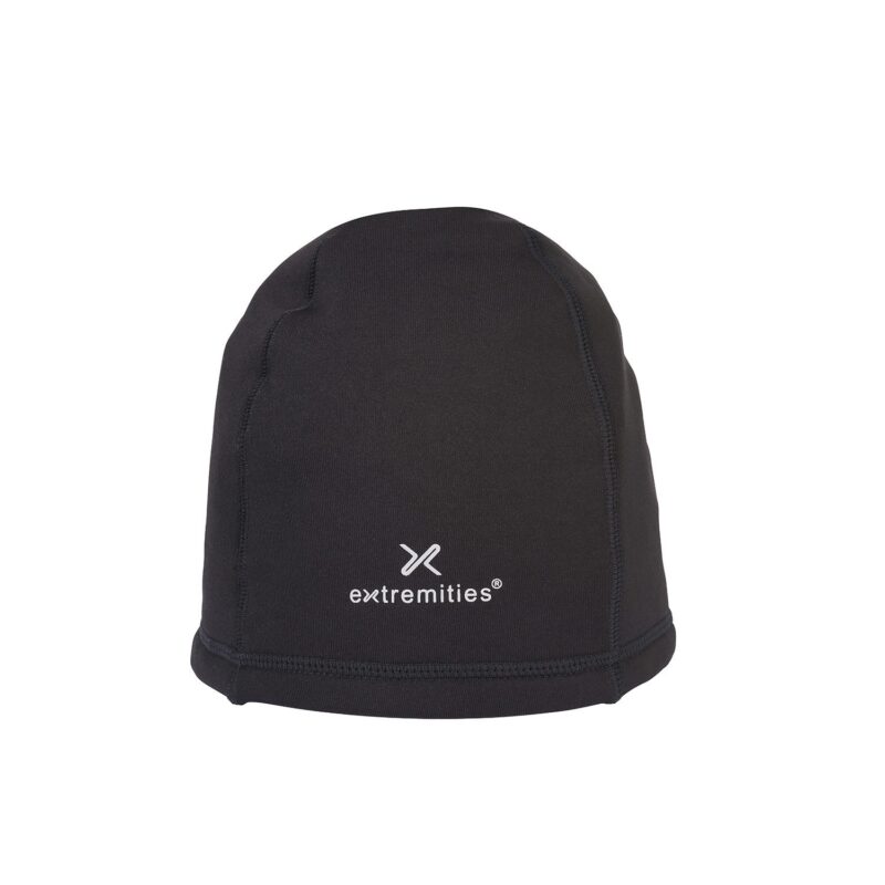 Primaloft-Beanie_1500px_72dpi-3.jpg Black fitted beanie with visible stitched panels and a white "extremities" logo centered on the front, displayed on a plain white background.