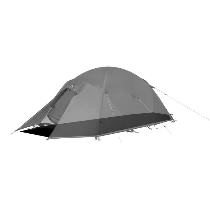 Quasar-1500x1500-1-3.jpg Grey two-tone dome camping tent with a partially open front door, external guy lines and pegs staked out, shown on a white background.