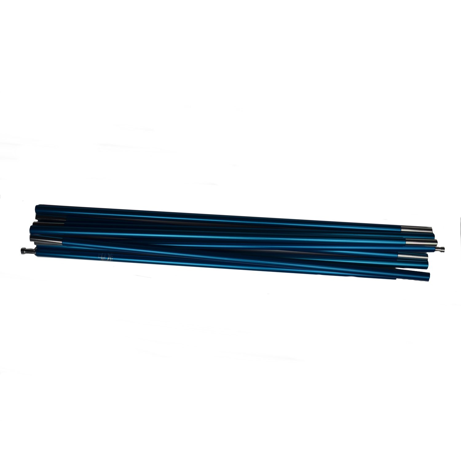 Quasar-Blue-Pole-3.jpg Stack of blue anodised aluminium segmented tent poles with metal ferrules and pin connectors laid diagonally on a white background.