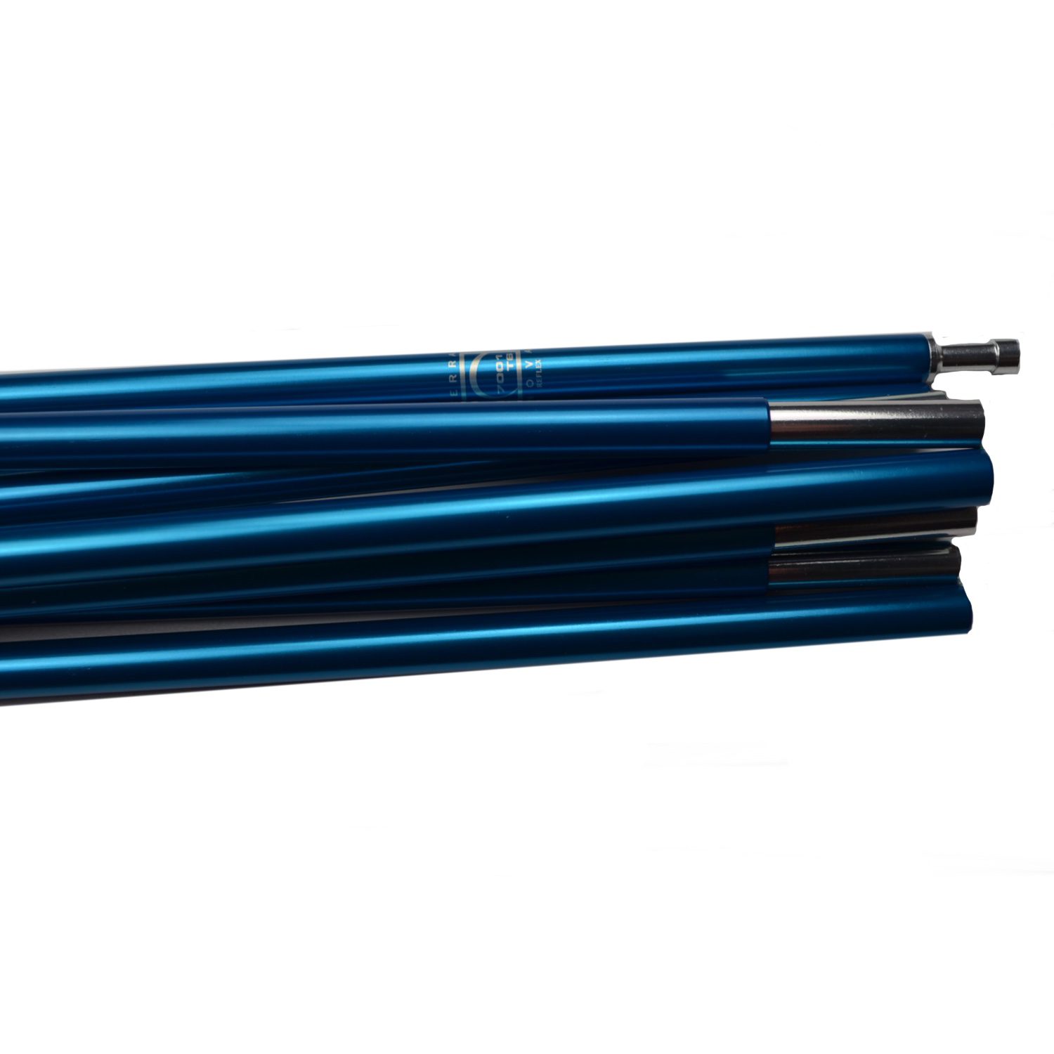 Quasar-Blue-Pole-Close-Up-3.jpg Collapsed metallic blue telescopic poles laid in a bundle, showing glossy cylindrical segments and silver connector tips on a white background.