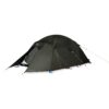 Olive-green dome tent with a covered front vestibule partially open to reveal the inner mesh door, secured with taut guy lines and coloured tensioners on a white background.