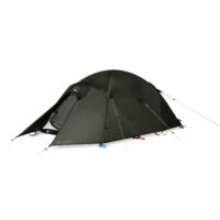 Olive-green dome tent with a covered front vestibule partially open to reveal the inner mesh door, secured with taut guy lines and coloured tensioners on a white background.