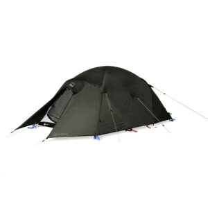 Olive-green dome tent with a covered front vestibule partially open to reveal the inner mesh door, secured with taut guy lines and coloured tensioners on a white background.