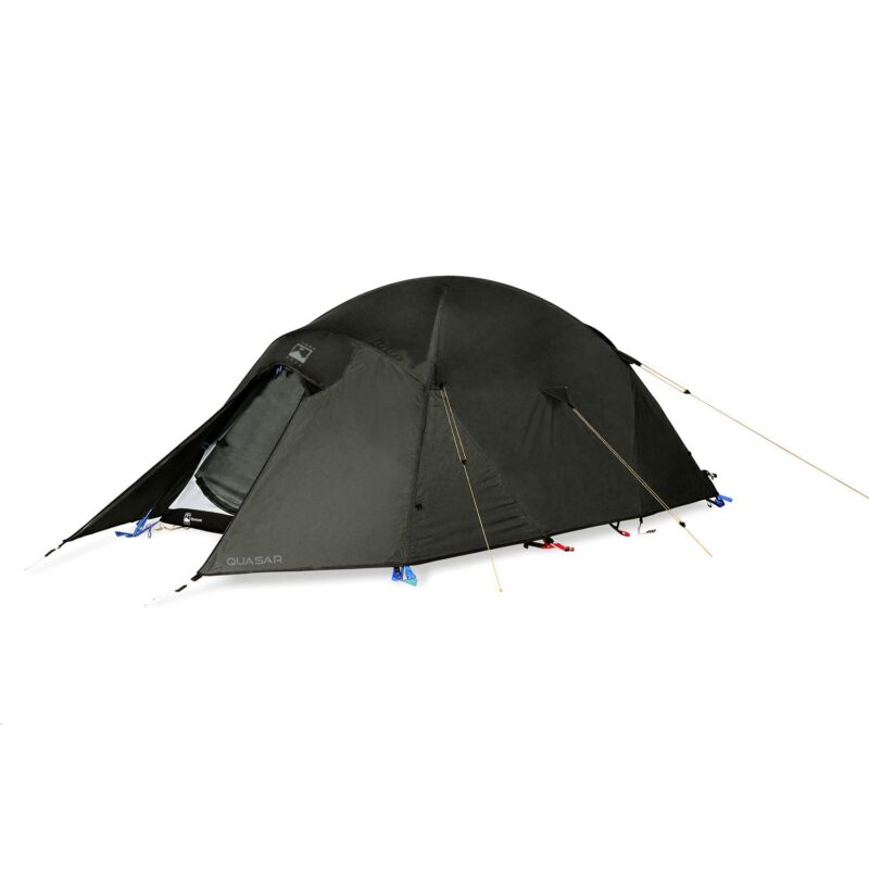 Quasar-LR-3.jpg Olive-green dome tent with a covered front vestibule partially open to reveal the inner mesh door, secured with taut guy lines and coloured tensioners on a white background.