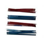 Four bundles of segmented metallic tent poles in metallic red and blue with silver connector tips, arranged horizontally on a white background