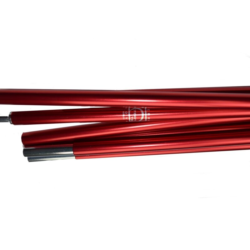 Quasar-Red-Pole-Close-up-3.jpg Several red anodised aluminium tent poles with silver connecting ends arranged horizontally on a white background.