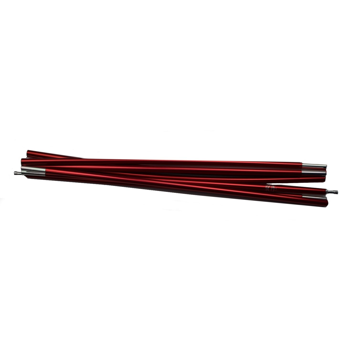 Red aluminium segmented tent poles with silver metal ferrules, laid together on a white background.