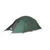 Quasar-tent-1500x1500px-72dpi-1.jpg Low-profile dark green dome camping tent with an extended front vestibule opened to show a grey mesh inner door, secured by yellow guy lines and blue stake attachments on a white background.