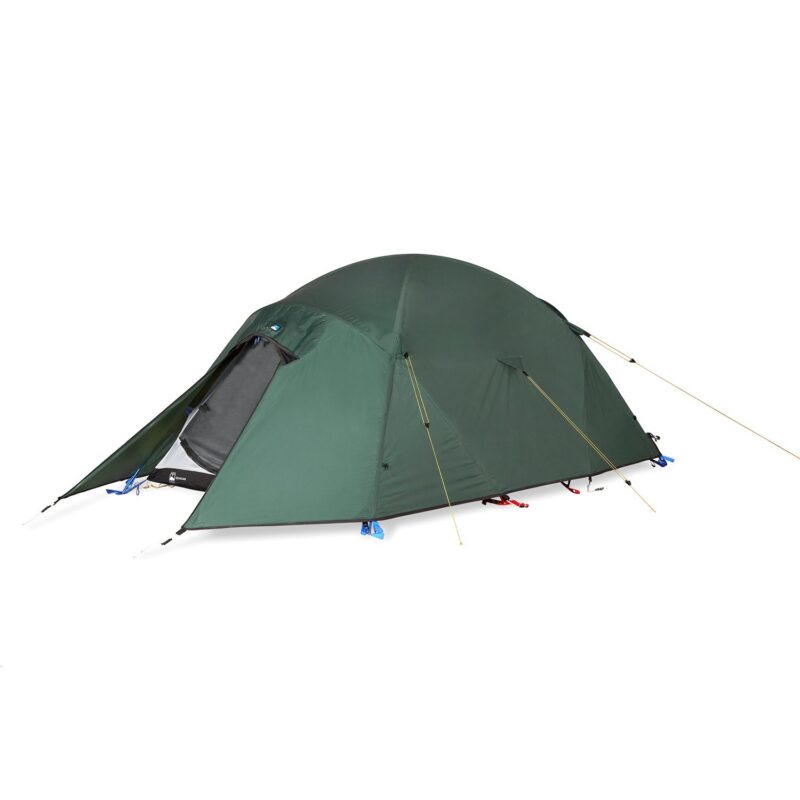 Quasar-tent-1500x1500px-72dpi-1.jpg Low-profile dark green dome camping tent with an extended front vestibule opened to show a grey mesh inner door, secured by yellow guy lines and blue stake attachments on a white background.