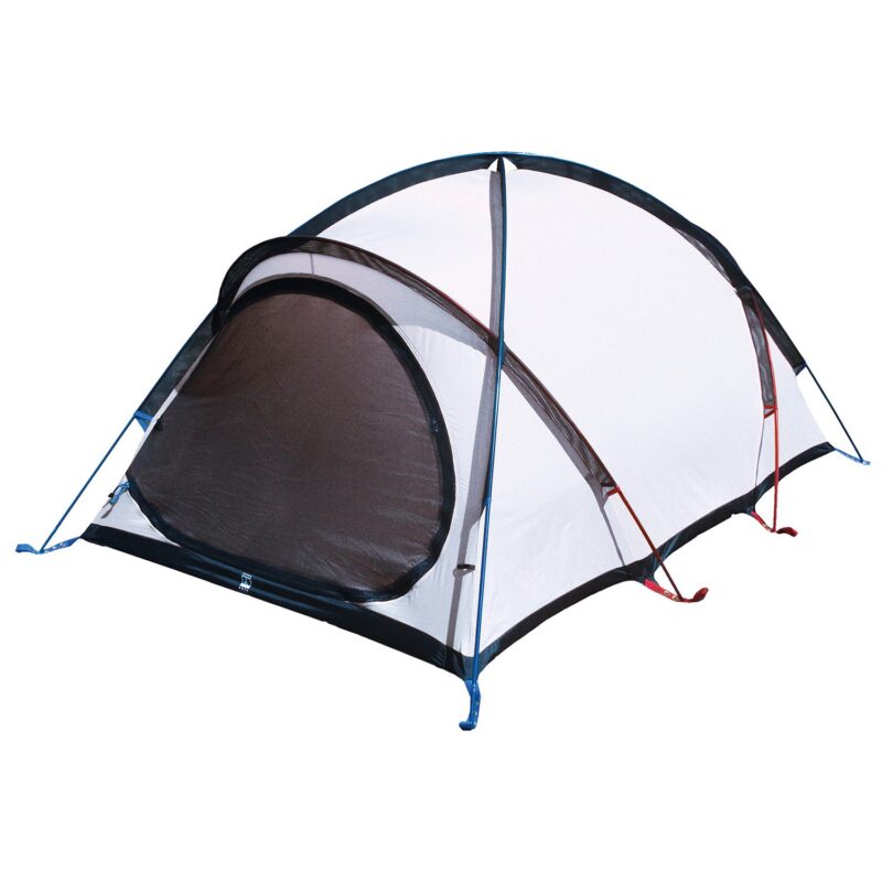 Lightweight dome camping tent with a black mesh front door and white fabric, supported by blue and red curved poles, shown against a white background.