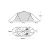 Schematic side and top views of a two-person tent in grey showing pole layout, two sleeping positions and labelled measurements: overall length 361 cm, central sleeping area 217 cm with 72 cm vestibules each side, internal height 105 cm, inner width 136 cm and vestibule depth 65 cm.