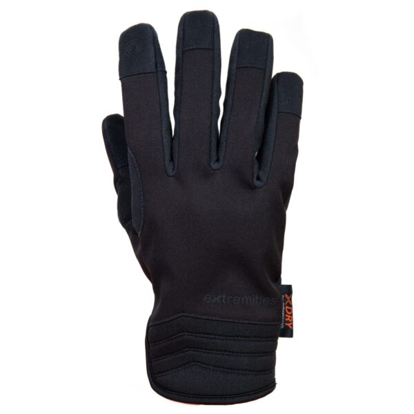 Quest-Glove-Cut-Out-330dpi-1.jpg Black five-finger glove shown flat on a white background, with reinforced fingertips, padded wrist detailing and a small 'extremities' logo and X-DRY tag.