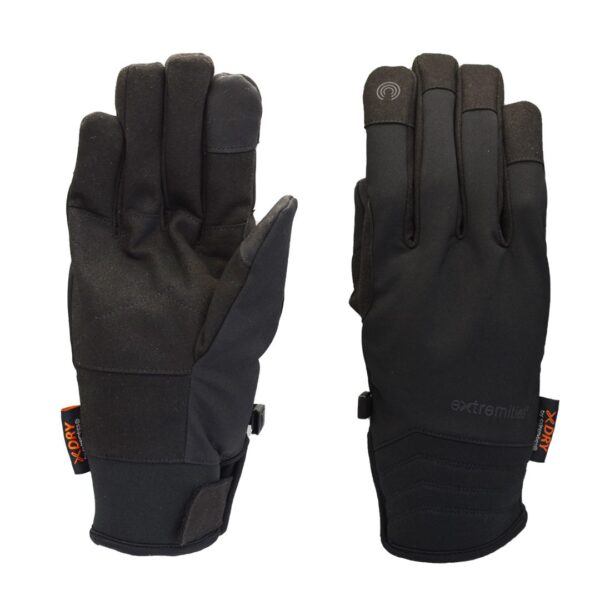 Quest-Glove-Cut-Out-Palm-and-Back-300-dpi-1.jpg Pair of black insulated winter gloves shown side-by-side — left glove palm-facing and right glove back-facing with a touchscreen icon on the index finger and small orange XDRY tags.