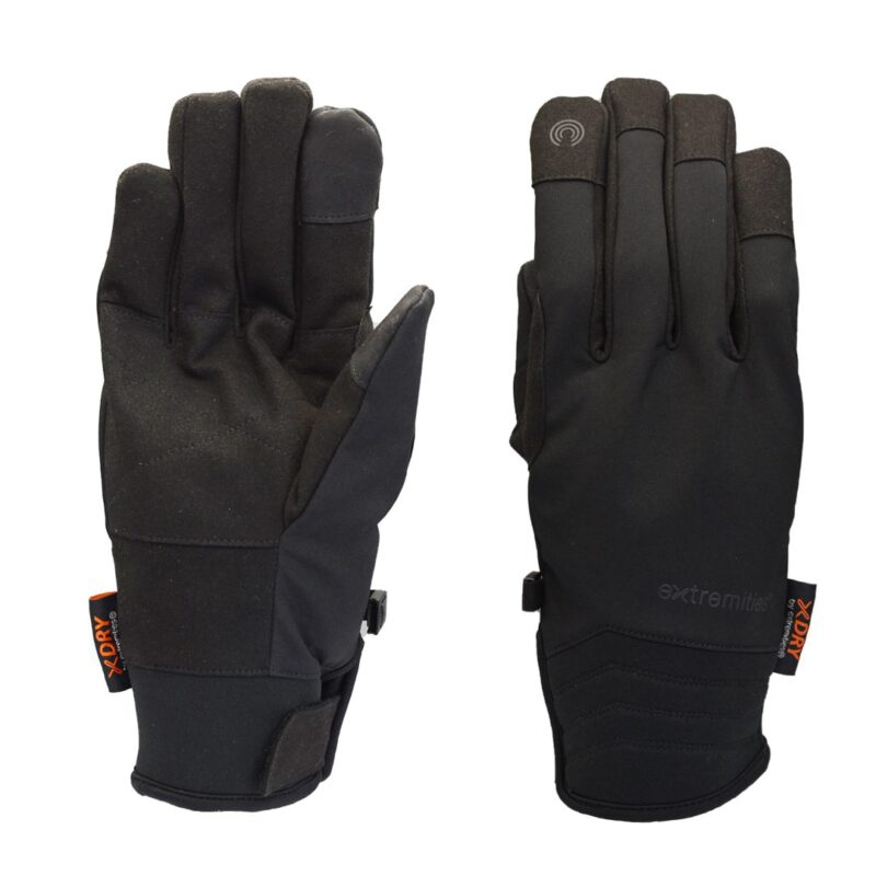 Pair of black insulated winter gloves shown side-by-side — left glove palm-facing and right glove back-facing with a touchscreen icon on the index finger and small orange XDRY tags.