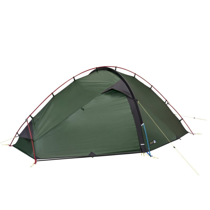 Low-profile dark green dome tent with red external poles and yellow guy lines, shown from the side with the zippered door closed and a small vestibule.