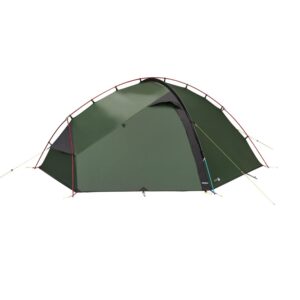 Dark green two-person dome tent with arched red poles, black trim, a zipped side door and taut yellow guy lines, shown fully pitched on a white background.