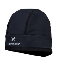 Black thermal beanie with stitched panel seams and a white "extremities" logo on the folded cuff.