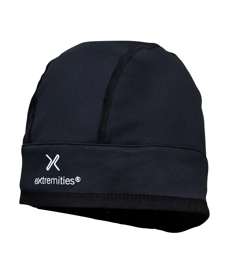 SM-guide-beanie-1.jpg Black thermal beanie with stitched panel seams and a white "extremities" logo on the folded cuff.