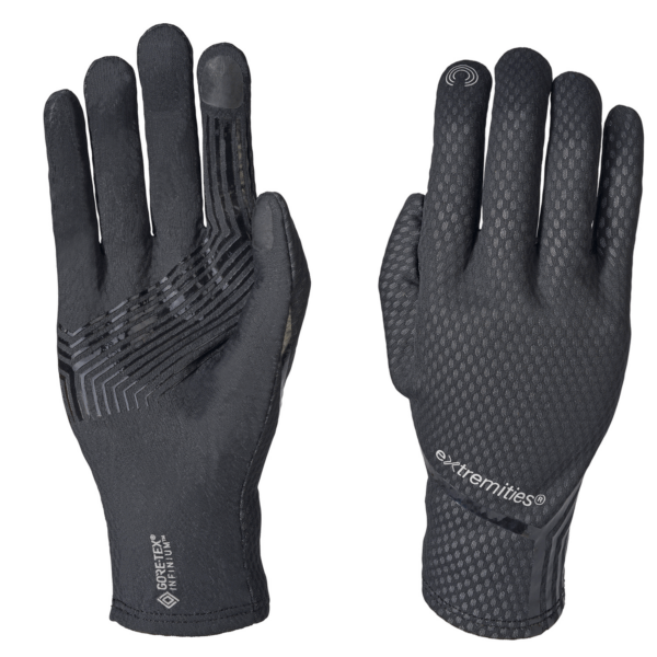 Sirocco-Glove-Back-and-Palm-1.png Pair of black lightweight touchscreen-compatible gloves shown palm and back on a white background, featuring silicone grip stripes on the palm, hexagonal textured fabric on the back, small touch-sensitive fingertip pads and visible 'extremities' and 'GORE‑TEX INFINIUM' branding.