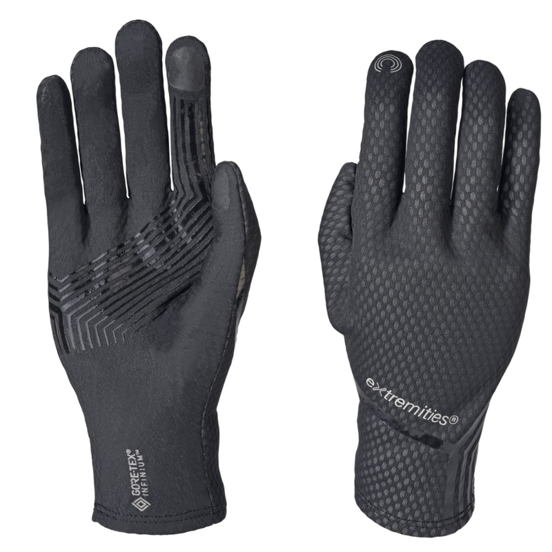 Sirocco-Glove-Back-and-Palm-1.png Pair of black lightweight touchscreen-compatible gloves shown palm and back on a white background, featuring silicone grip stripes on the palm, hexagonal textured fabric on the back, small touch-sensitive fingertip pads and visible 'extremities' and 'GORE‑TEX INFINIUM' branding.