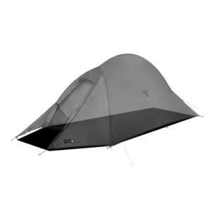 Two-person dome camping tent with a grey rainfly and dark base, pitched with the front zip partially open to reveal the inner mesh door and tensioned guy lines staked out.